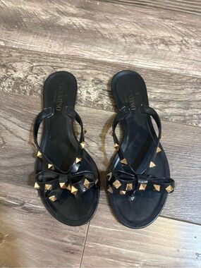 Valentino Black Bow Sandals with Gold Rockstuds